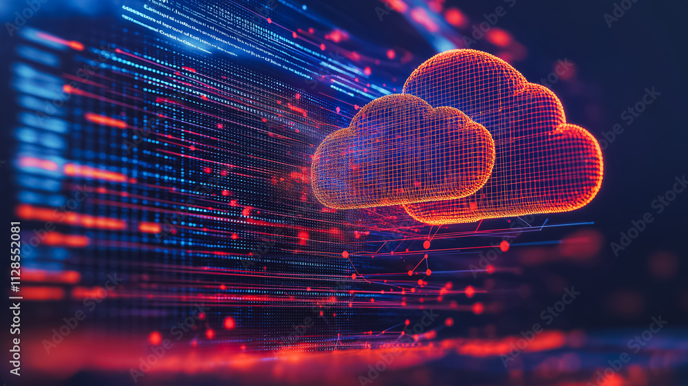 Poster a computer screen shows two red and blue clouds. the clouds are connected by a line, and the backgro