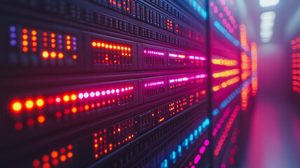 Obraz premium A row of computer servers with bright lights on them. The lights are in different colors and are arranged in a row