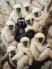 Obraz premium A group of adorable gibbons perched together on a tree, showcasing their playful and social nature in a natural setting.