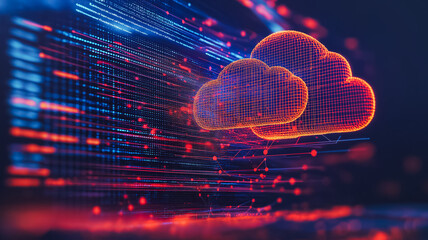 A computer screen shows two red and blue clouds. The clouds are connected by a line, and the background is a mix of blue and red. Concept of technology and innovation