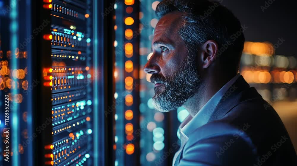 Poster man with a beard looking at a computer monitor. the monitor is lit up with a blue and orange glow