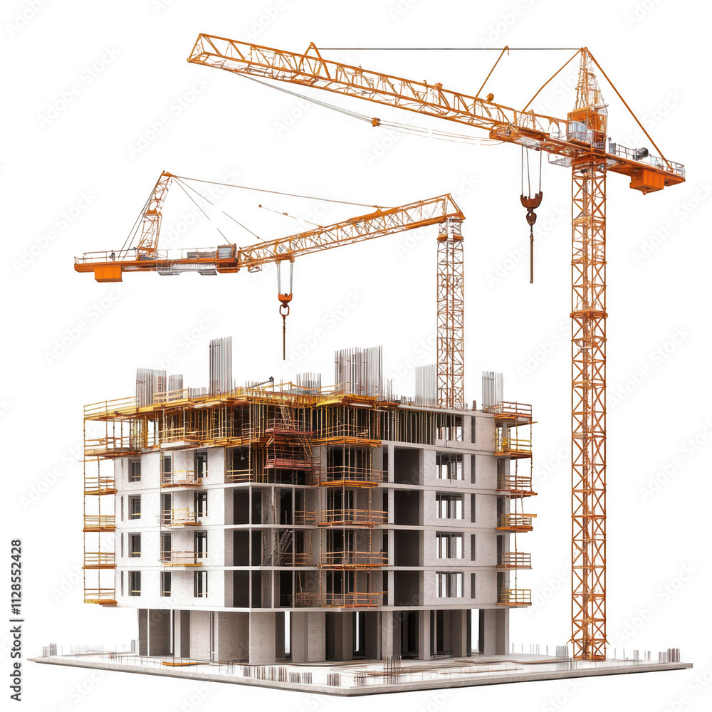 Fototapete realistic construction site with cranes and buildings under construction, isolated on transparent ba