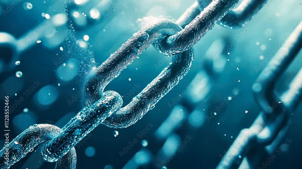 Poster chain of links is shown in a blue and white color scheme. the chain is made of metal and he is wet. 