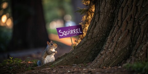 Obraz premium Adorable Squirrel Peeking from a Tree Trunk with a Purple Sign for Messages in a Low Light Environment, Perfect for Nature and Wildlife Photography Enthusiasts