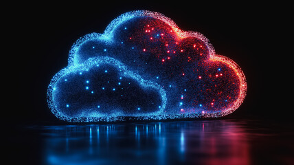 A glowing cloud with blue and red lights. The cloud is surrounded by a dark background. Concept of technology and innovation