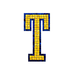 A mosaic letter T made up of small square tiles in yellow and blue colors.