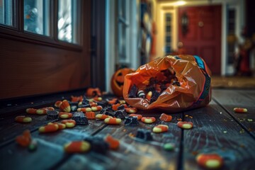 Halloween Candy Spilled on Wooden Floor