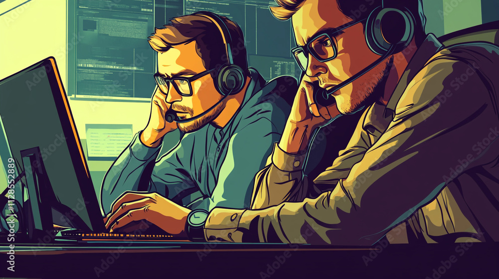Poster dedicated professionals working at computers in a busy office environment