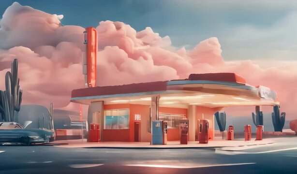 Retro Gas Station in Desert Landscape at Sunset
