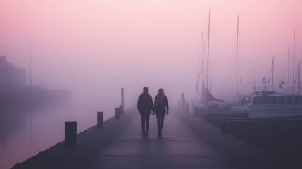 Couple holding hands walking on foggy pier.