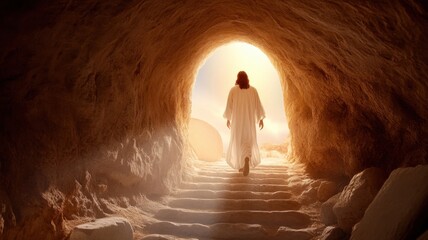 Jesus Christ emerges from his tomb, symbolizing hope and renewal through resurrection new life Easter holiday