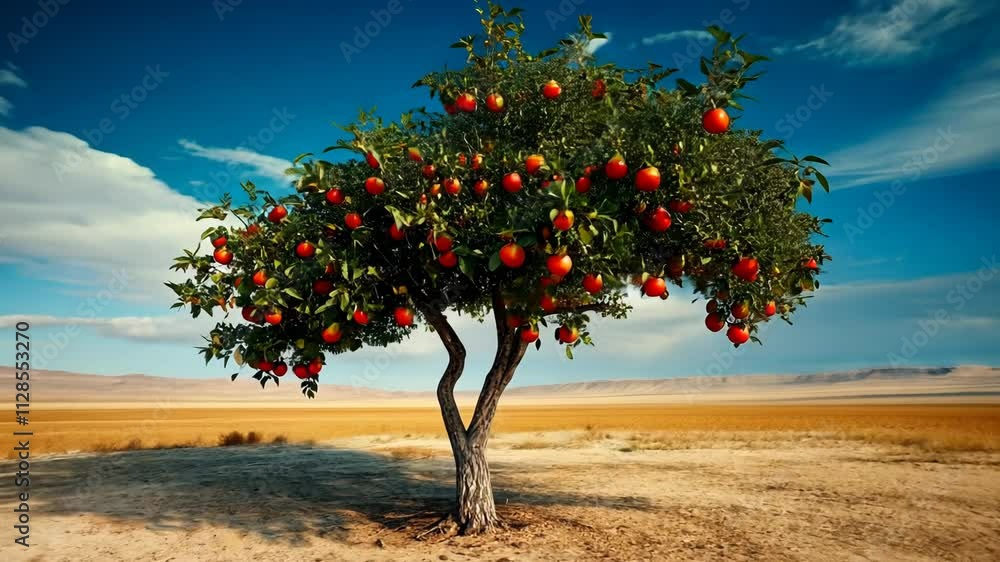 Poster tree with many red apples on it is in a field. the sky is blue and there are clouds in the backgroun
