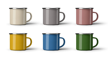 Mockup of colored metal mugs for tourism, enamel cups for design, print, pattern, branding. Set