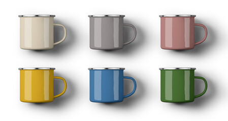 Mockup of bright colored metal mugs with chrome rim for tourism, enamel cups for design, print,...