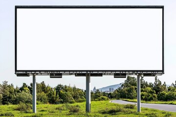 An empty billboard stands tall in a green landscape, awaiting advertisements or messages.