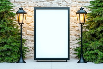 Elegant empty signboard surrounded by decorative lanterns and green foliage.