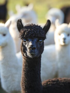 A charming black alpaca stands out among its fluffy white companions in a serene pasture setting.