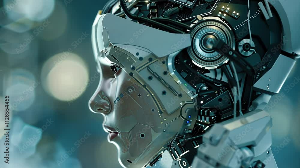 Aufkleber robot with a white face and a black helmet. the robot is looking at the camera. the robot is made of