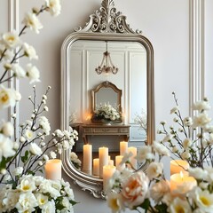 Obraz premium interior design in room , spa, modern classic mirror zoom out camera angle room full of candles flowers bath tub and shower