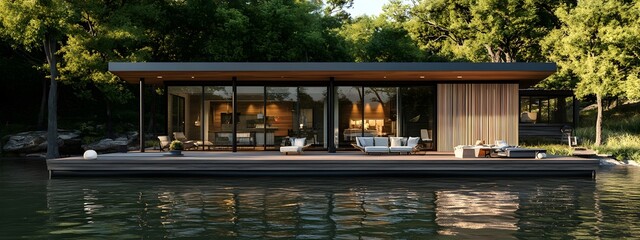 Modern cabin on the water, floating dock with sun deck and seating area, wood slat wall facade