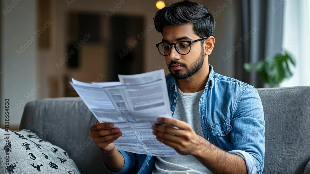 Poster man is sitting on a couch and reading a piece of paper. he is wearing glasses and has a serious expr