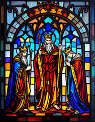 Fototapeta premium Three Kings. Artistic illustration painted with oil paint. Colorful stained glass. Christmas card and cover design