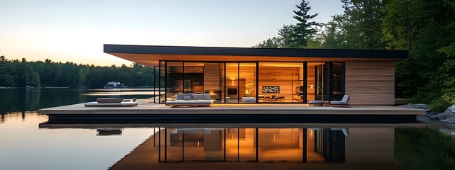 Modern cabin on the water, floating dock with sun deck and seating area, wood slat wall facade