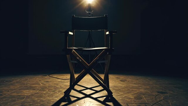 Chair is sitting in a dark room with a spotlight shining on it. The chair is empty and the room is dimly lit. Scene is mysterious and suspenseful