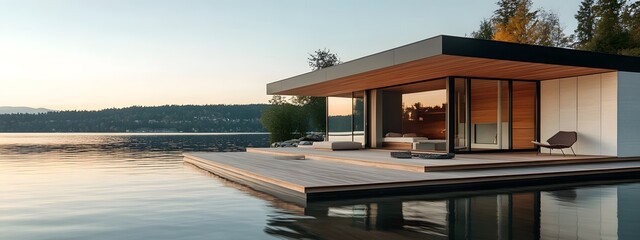 Obraz premium Modern cabin on the water, floating dock with sun deck and seating area, wood slat wall facade