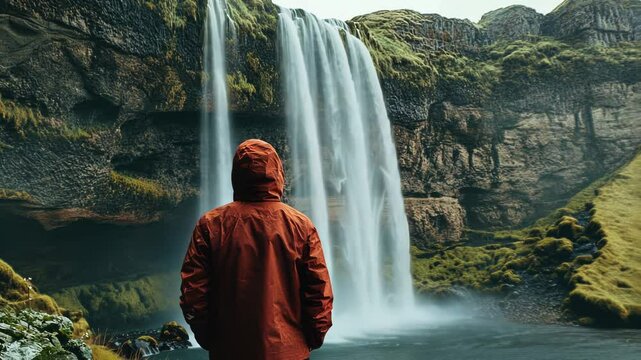 Man in a red jacket stands in front of a waterfall. The scene is serene and peaceful, with the sound of the water cascading down the rocks creating a calming atmosphere