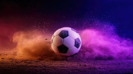 A soccer ball surrounded by colorful dust clouds in a dynamic, energetic setting.