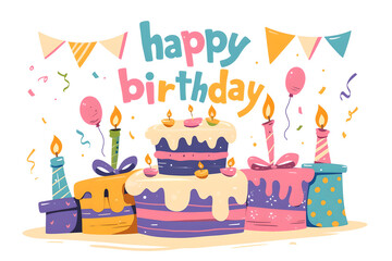 Happy birthday party card, watercolor illustration. Holiday, celebration festive with gifts, cake and balloon. Colorful text happy birthday with decoration elements
