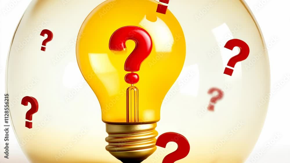 Poster light bulb with a question mark on it. the light bulb is yellow and orange. the question mark is red
