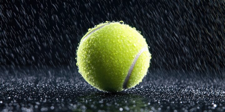 Sports Tennis concept. A tennis ball covered in water droplets against a dark background.