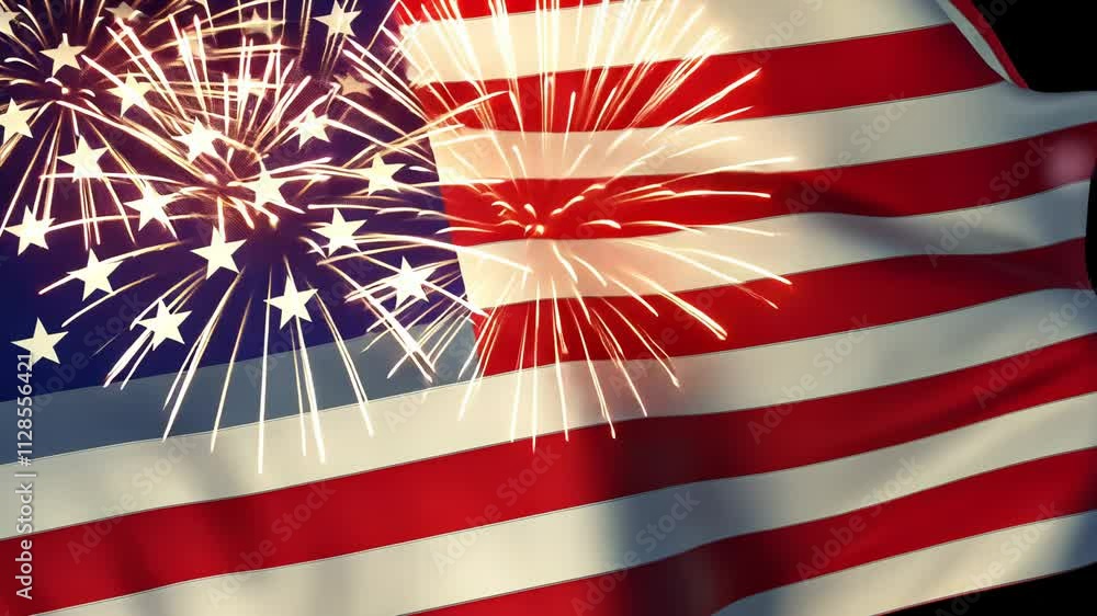 Poster flag with fireworks in the background. the fireworks are in the stars and the stripes. the flag is r