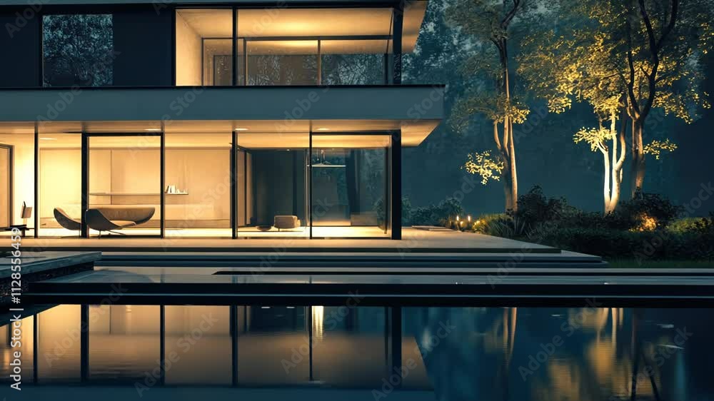 Poster large house with a pool and a tree in the background. the house is lit up at night, creating a warm 