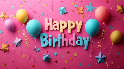 A delightful kirigami design of "Happy Birthday" with letters intertwined with dynamic balloon shapes, glowing vibrant tones, and surrounded by sparkling paper stars and streamers, hd precision,