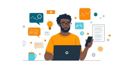 A businessman is using his laptop to set up marketing infographics and graphs on social media, while holding a phone in one hand,


