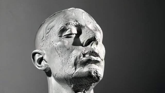 Man's face is covered in plaster, giving it a very realistic appearance. Concept of loneliness and isolation, as the man's expression is blank and emotionless