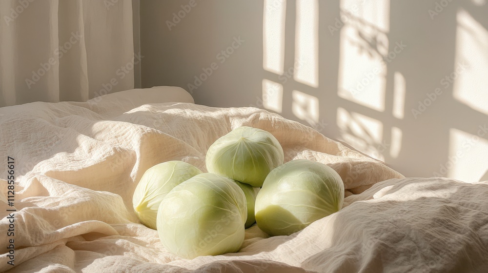 Poster fresh green cabbage heads arranged on soft bed linen in natural light with gentle shadows creating a