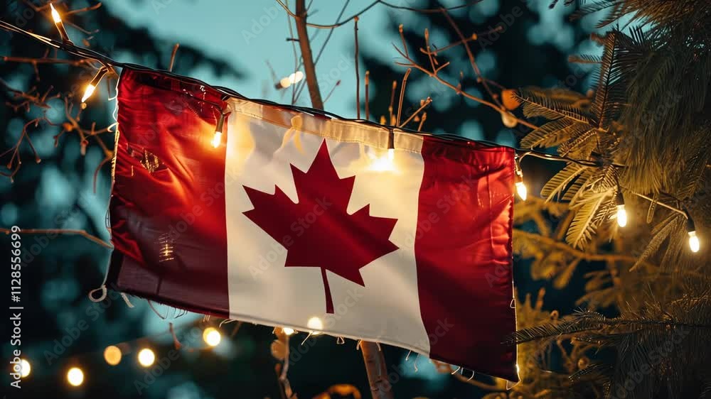 Poster canadian flag is hanging from a tree with lights. the flag is red and white with a maple leaf on it.
