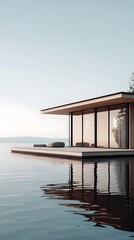 Modern cabin on the water, floating dock with sun deck and seating area, wood slat wall facade
