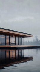 Modern cabin on the water, floating dock with sun deck and seating area, wood slat wall facade