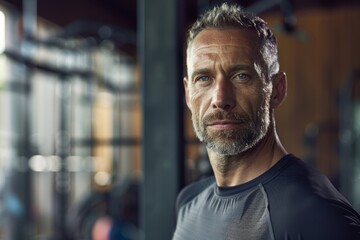 Obraz premium Portrait of a content man in his 40s sporting a breathable mesh jersey while standing against dynamic fitness gym background