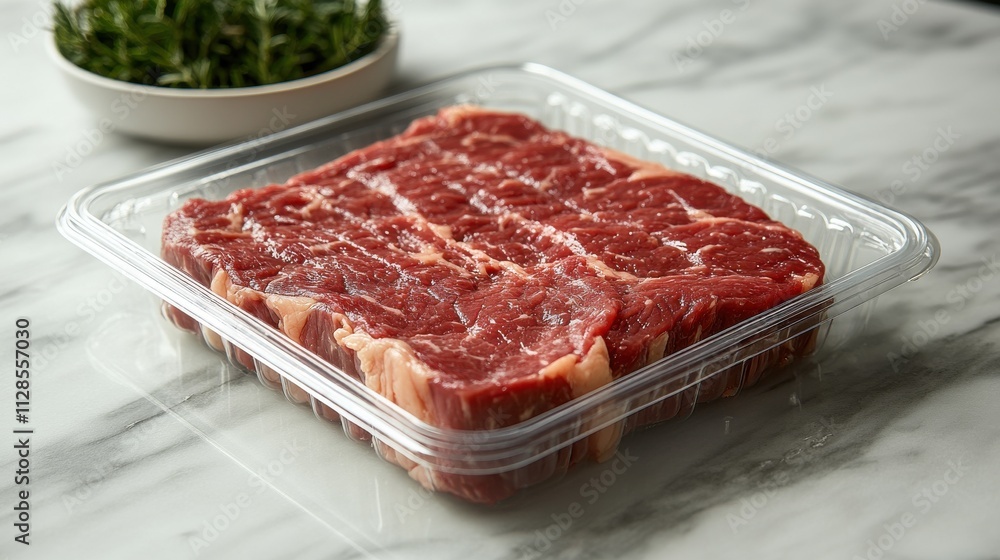 Poster transparent plastic tray blank featuring a beef in top view empty a fresh angus steak into a mock up