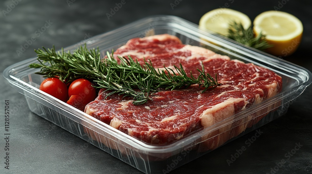 Poster transparent plastic tray blank featuring a beef in top view empty a fresh angus steak into a mock up