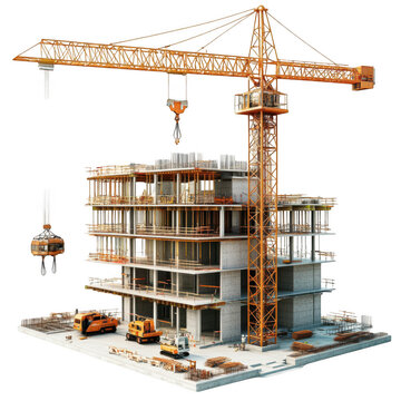 Realistic construction site with cranes and buildings under construction, isolated on transparent background, 3d rendering
