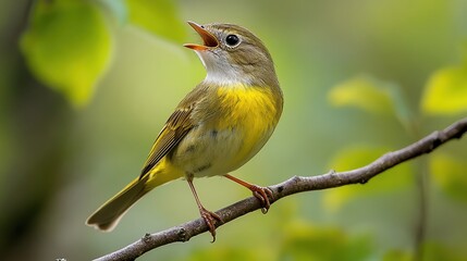 Obraz premium Yellow-breasted bird perched on a branch, singing vibrantly amidst green foliage, symbolizing joy, nature's harmony, and liveliness.