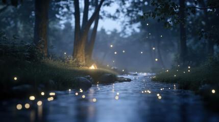 mystical forest scene featuring glowing campsite by serene stream, surrounded by trees and soft, magical lights. atmosphere is enchanting and tranquil