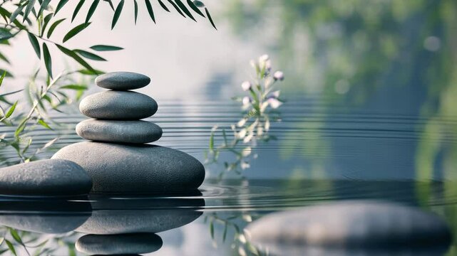 Series of large rocks are arranged in a row on the water. The scene is serene and peaceful, with the rocks reflecting the surrounding environment. The water appears calm and still